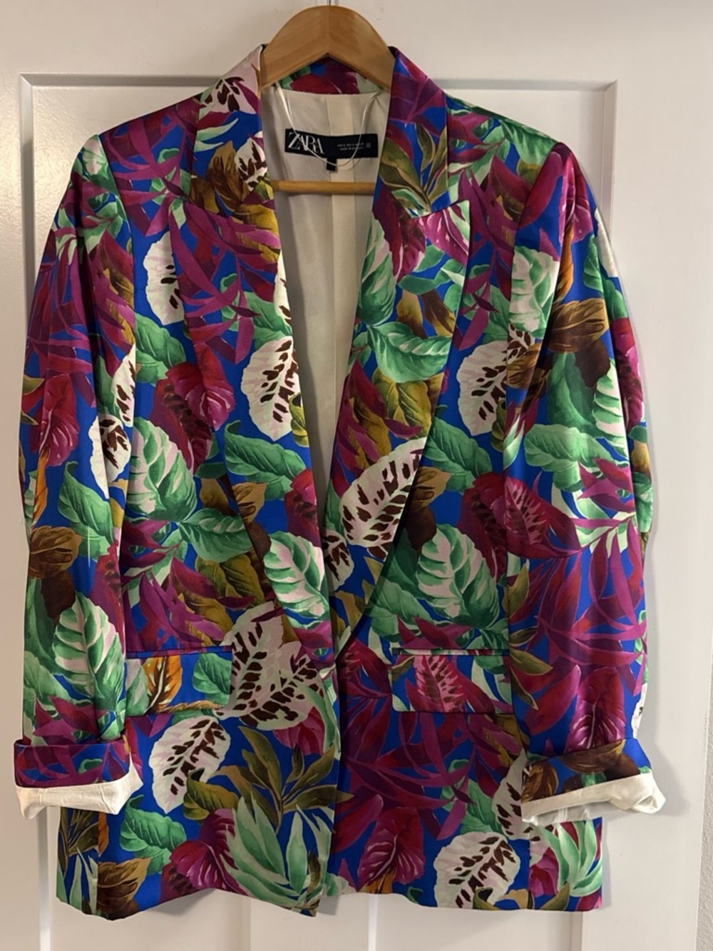Zara Vibrant Tropical Leaf Print Blazer - Blue, Green, Magenta
